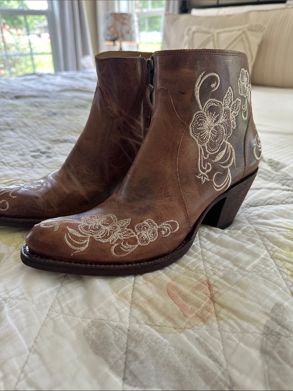 Shyanne Brown Ankle Boots With White Floral Embroidery